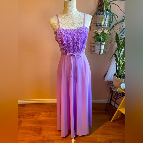 Vintage Dresses & Skirts - Vintage 70s Pastel Purple Ruffle Spaghetti Strap Formal Maxi Dress Gown XXS/XS